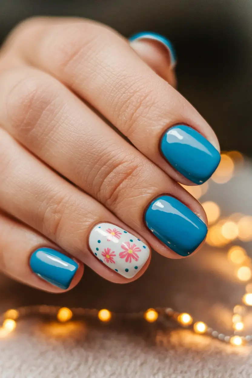 2025 Short Fall Nail Trends Sky Blue and Dot Art Accent