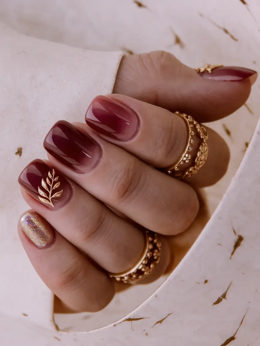 2025 Short Fall Nail Trends Golden Leaf and Burgundy Chic