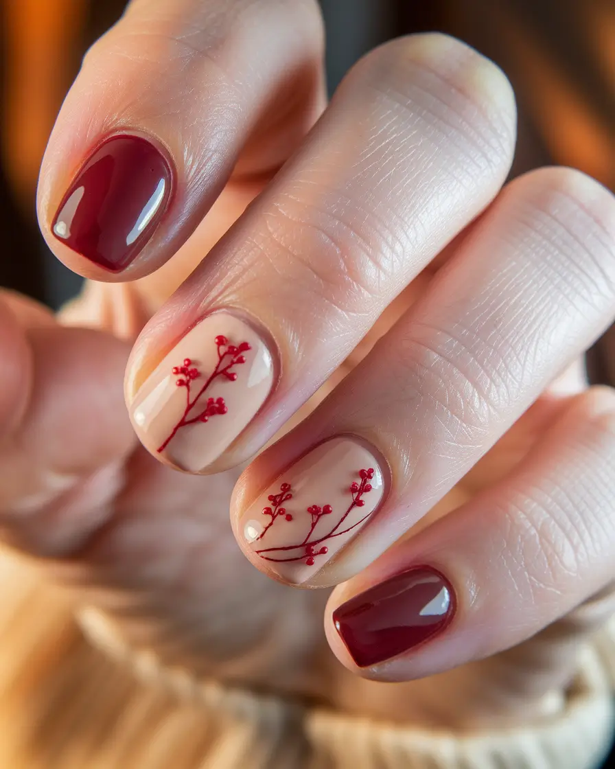 2025 Short Fall Nail Trends Berry Branch Accent on Nude and Crimson