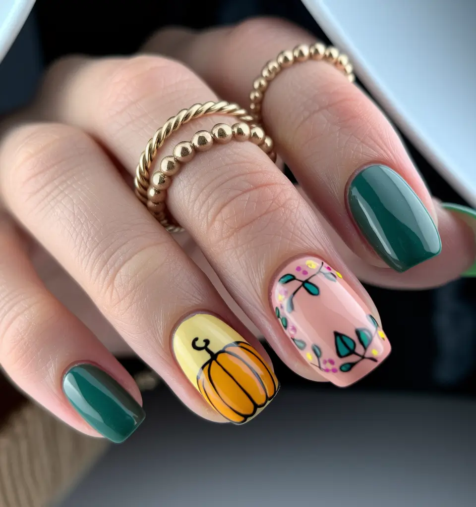2025 Short Fall Nail Trends Mini Pumpkins & Cottagecore Vines