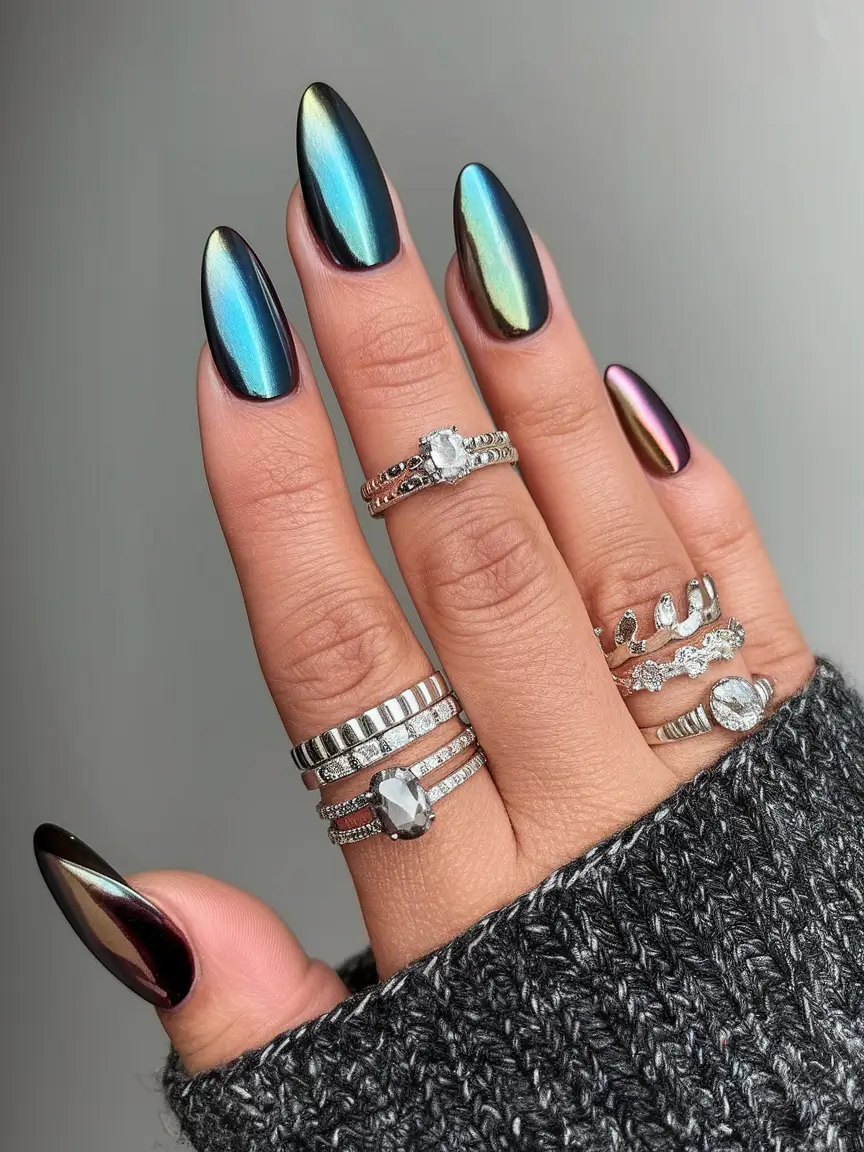 Autumn 2025 Nail Color Trends Oil-Slick Chrome