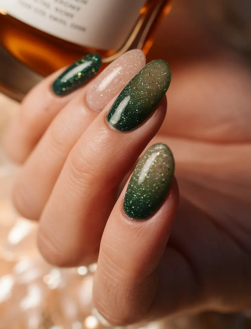 Autumn 2025 Nail Color Trends Emerald Glitter Ombré