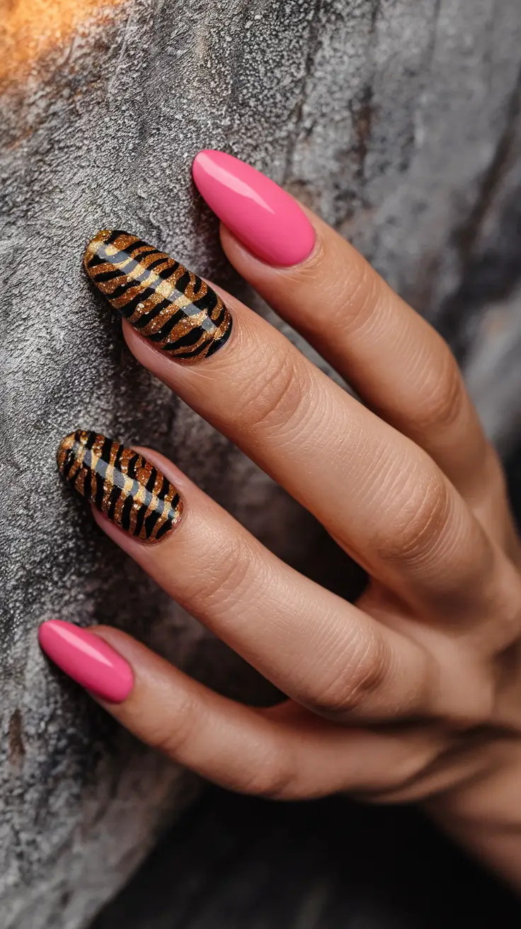 Autumn 2025 Nail Color Trends Pink and Tiger Stripe Contrast