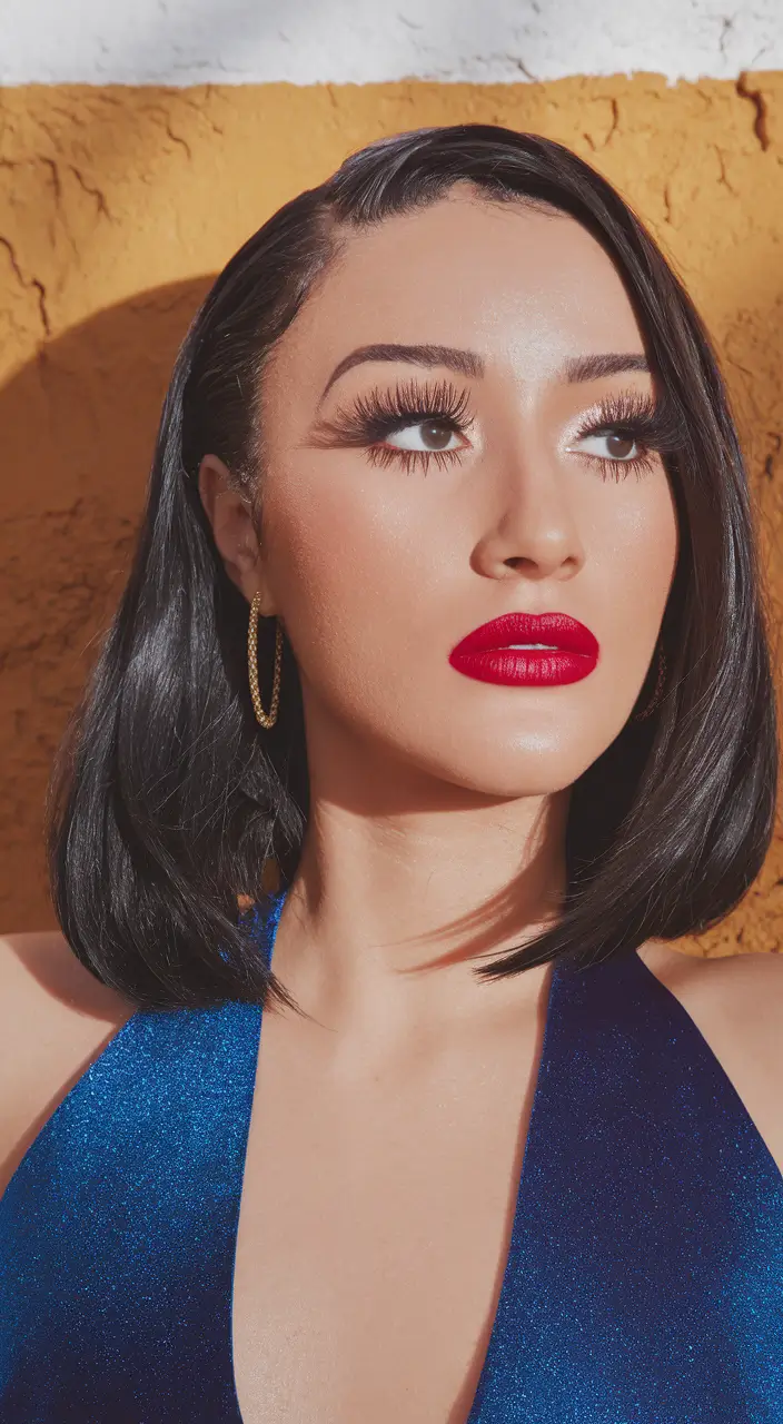 Best Fall 2025 Haircuts for Mid-Length Hair Glossy Angled Bob with Sleek Finish