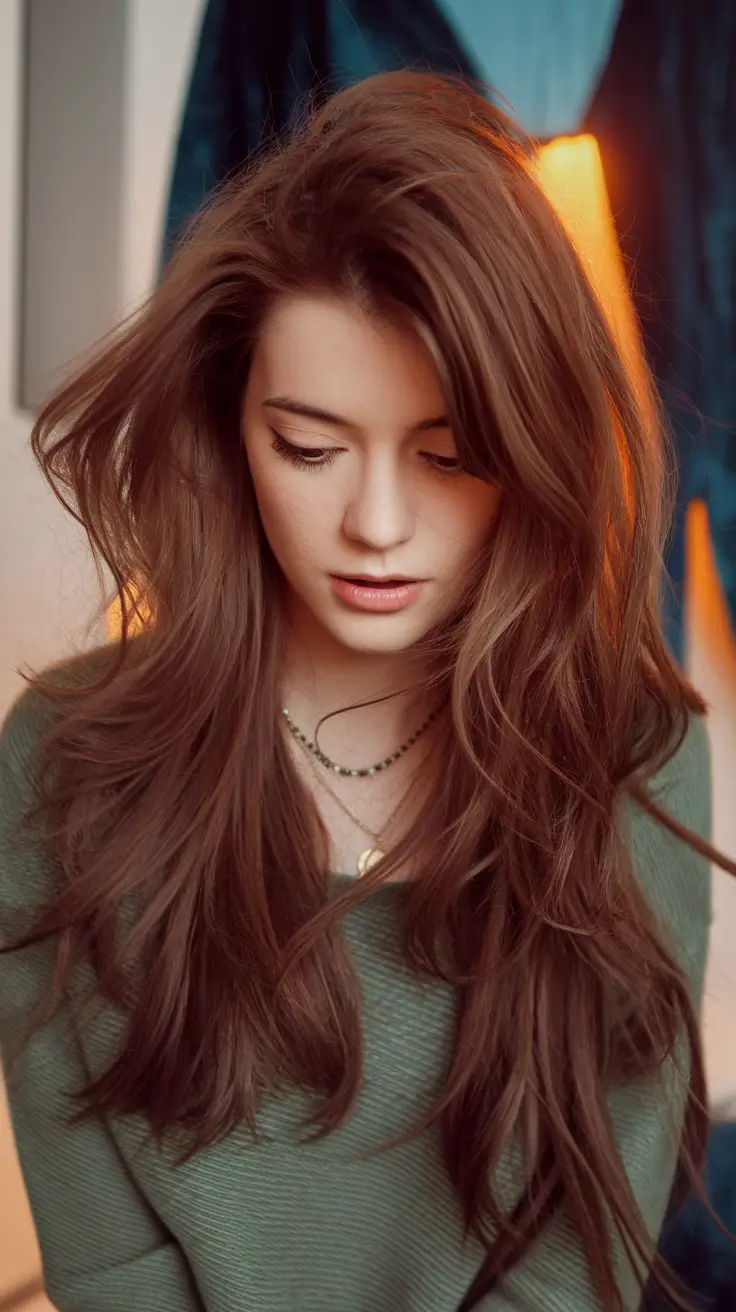 Best Fall Hair Colors Trends 2025 for Cool Skin Cool Chestnut Curtain Flow