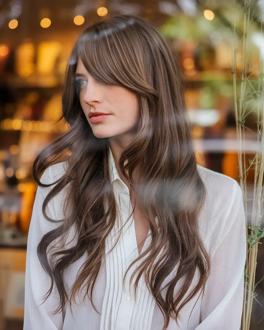 Best Long Haircut to Try This Fall 2025 Deep Chocolate Layers with Side Curtain Fringe