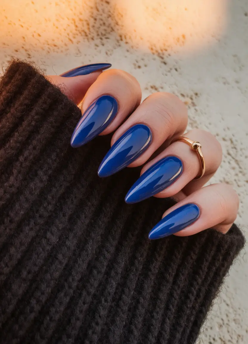 Creative Fall Gel Nail Designs 2025 Midnight Blue Almond Elegance
