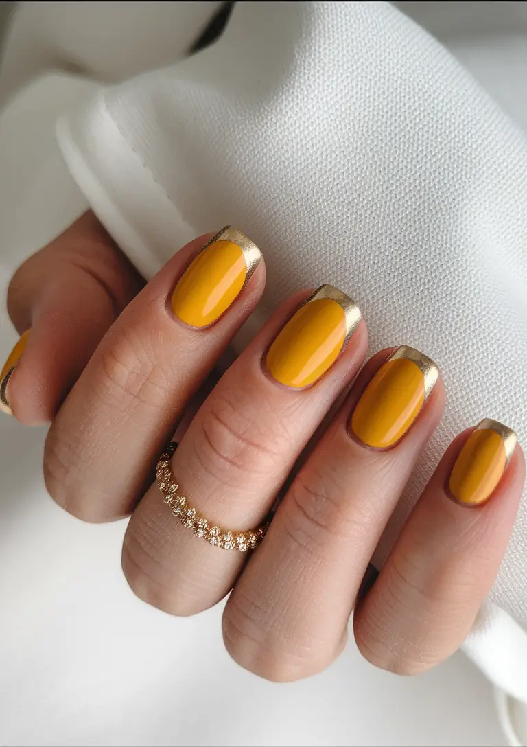 Creative Fall Gel Nail Designs 2025 Golden Mustard Micro-French