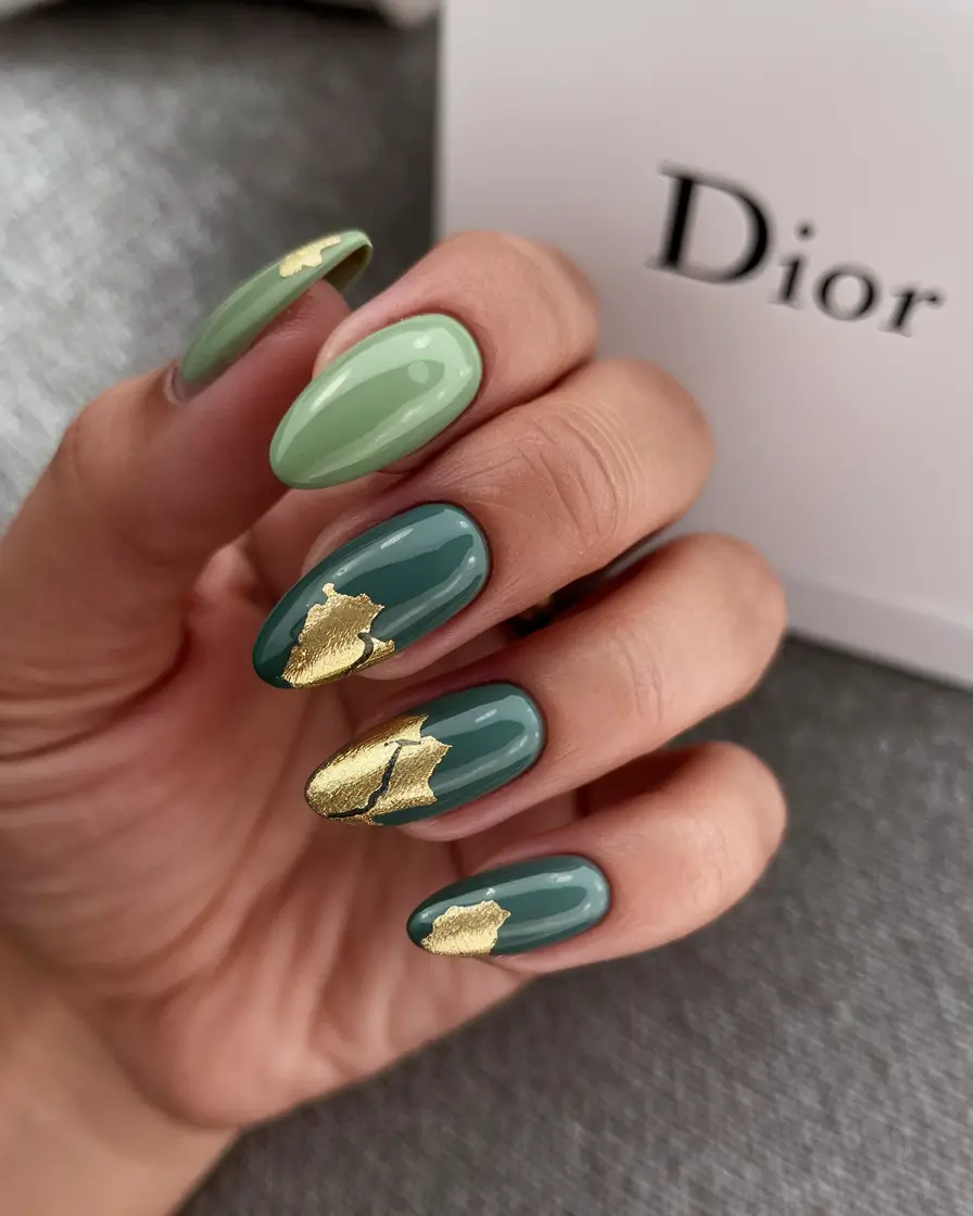 Creative Fall Gel Nail Designs 2025 Olive Greens with Gold Foil Drama