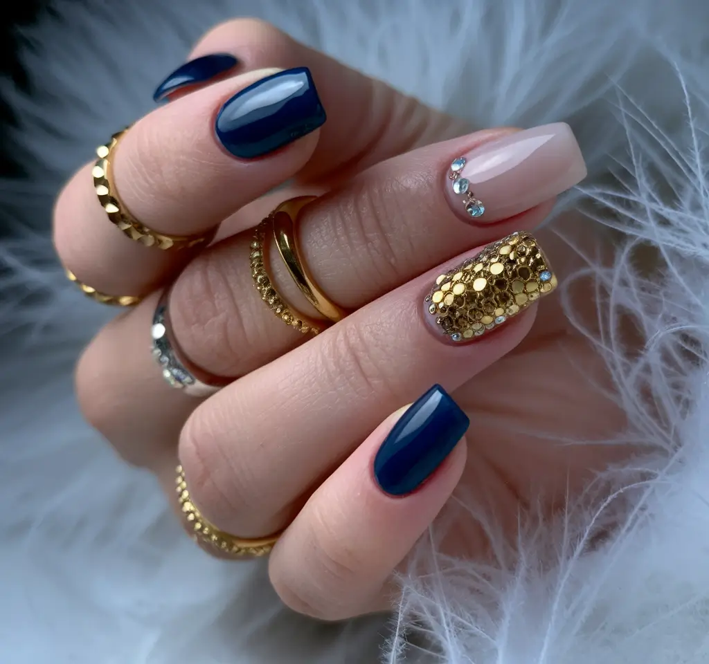 Creative Fall Gel Nail Designs 2025 Royal Navy & Gold Glam Mix