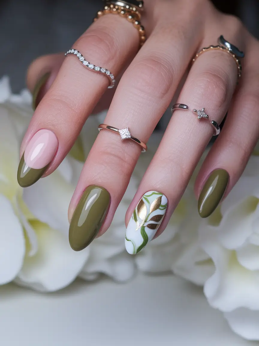 Creative Fall Gel Nail Designs 2025 Olive Green and Gold Leaf Whisper