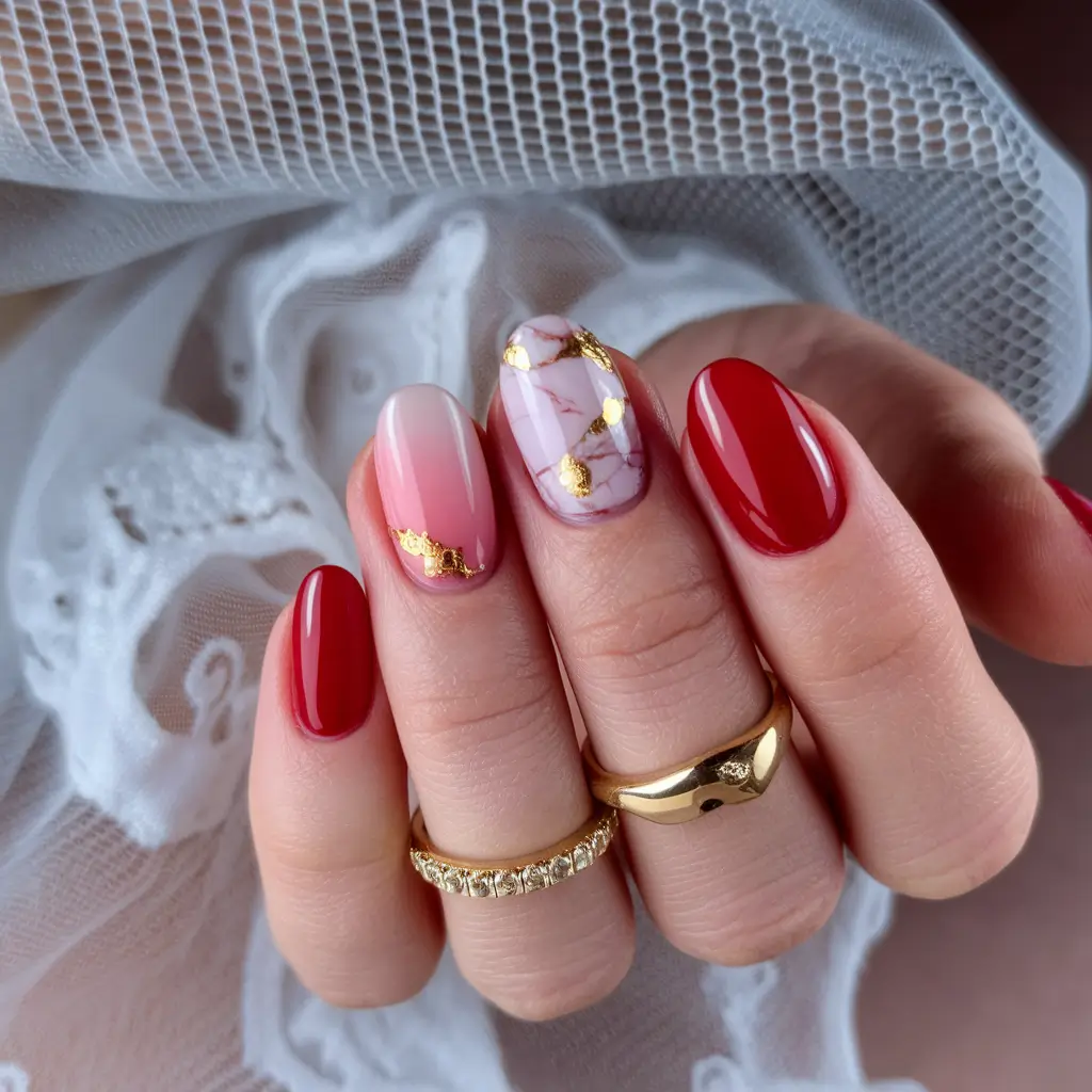 Creative Fall Gel Nail Designs 2025 Gold-Flecked Crimson Marble