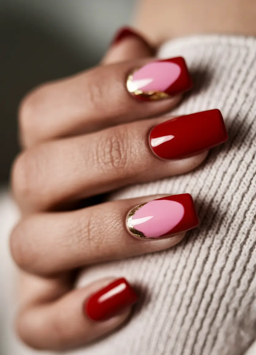 Creative Fall Gel Nail Designs 2025 Retro Red and Bubblegum Half-Moons