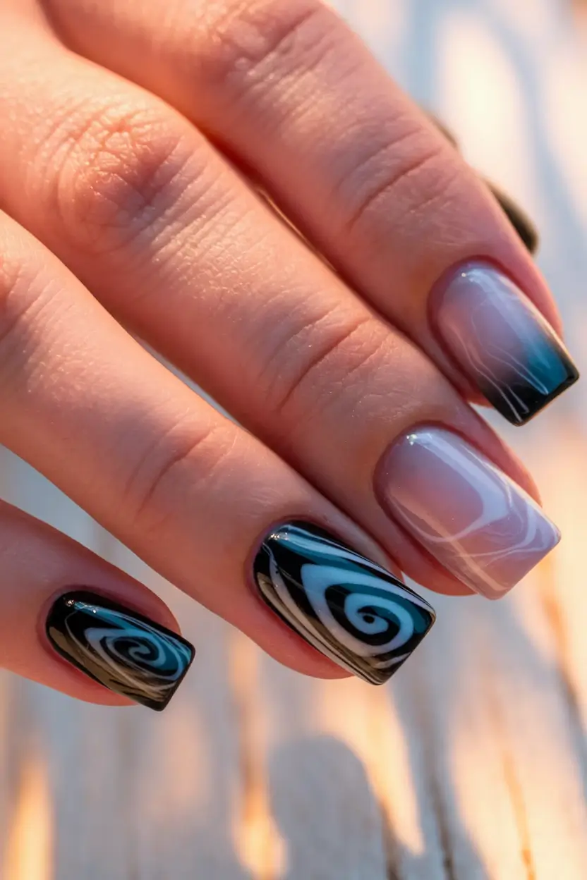 Early Fall Nails Ideas for 2025 Abstract Stormy Skies