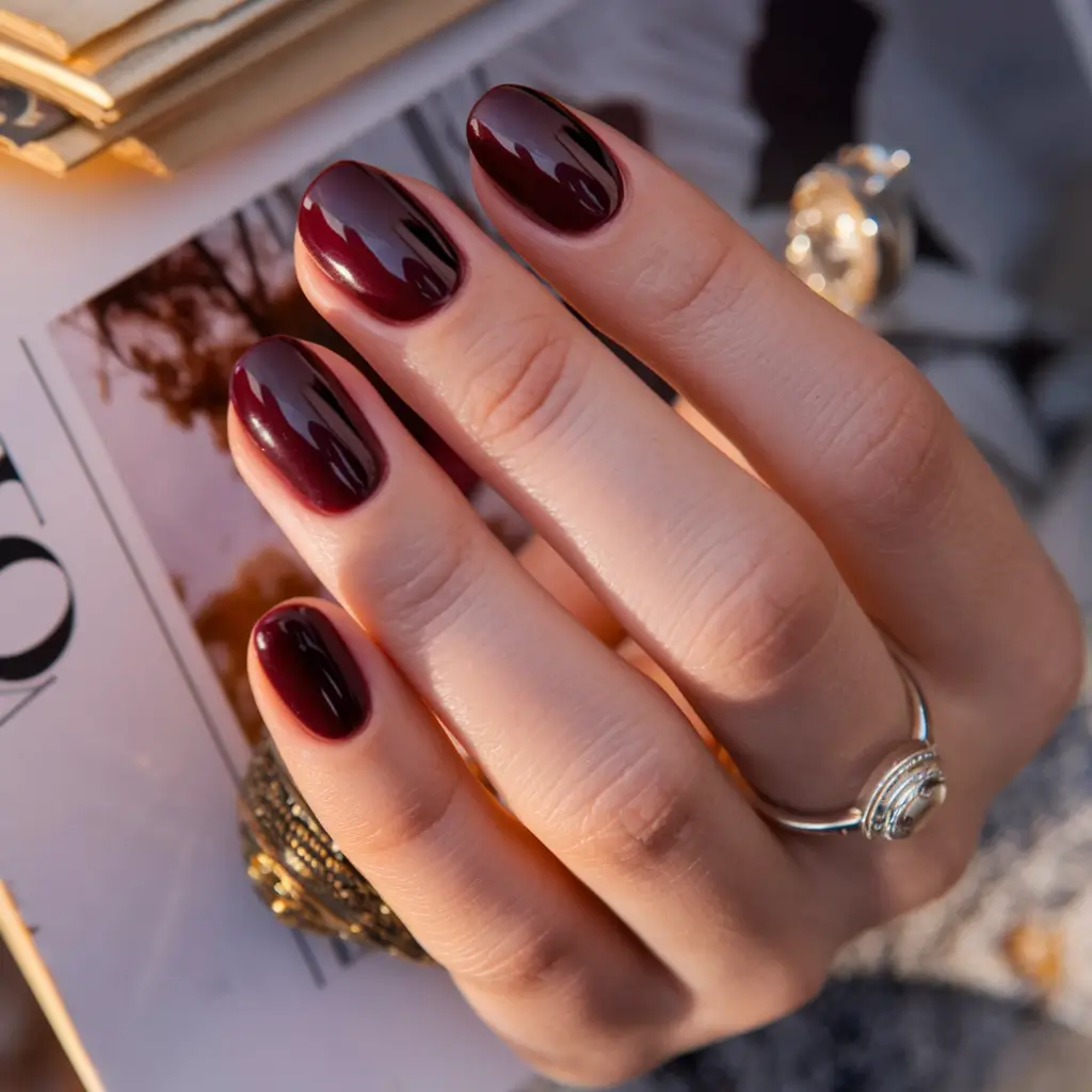 Early Fall Nails Ideas for 2025 Glossy Merlot for Romantic Evenings