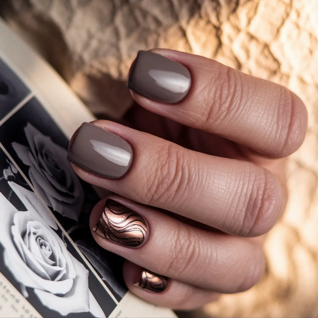 Early Fall Nails Ideas for 2025 Cocoa Chrome Mix with Metallic Accent
