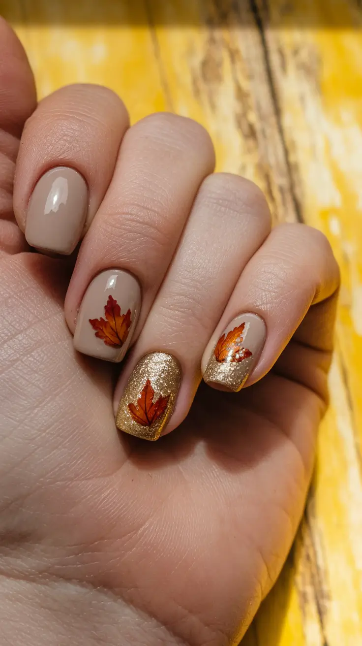 Early Fall Nails Ideas for 2025 Maple Leaf Sparkle with Nude Base