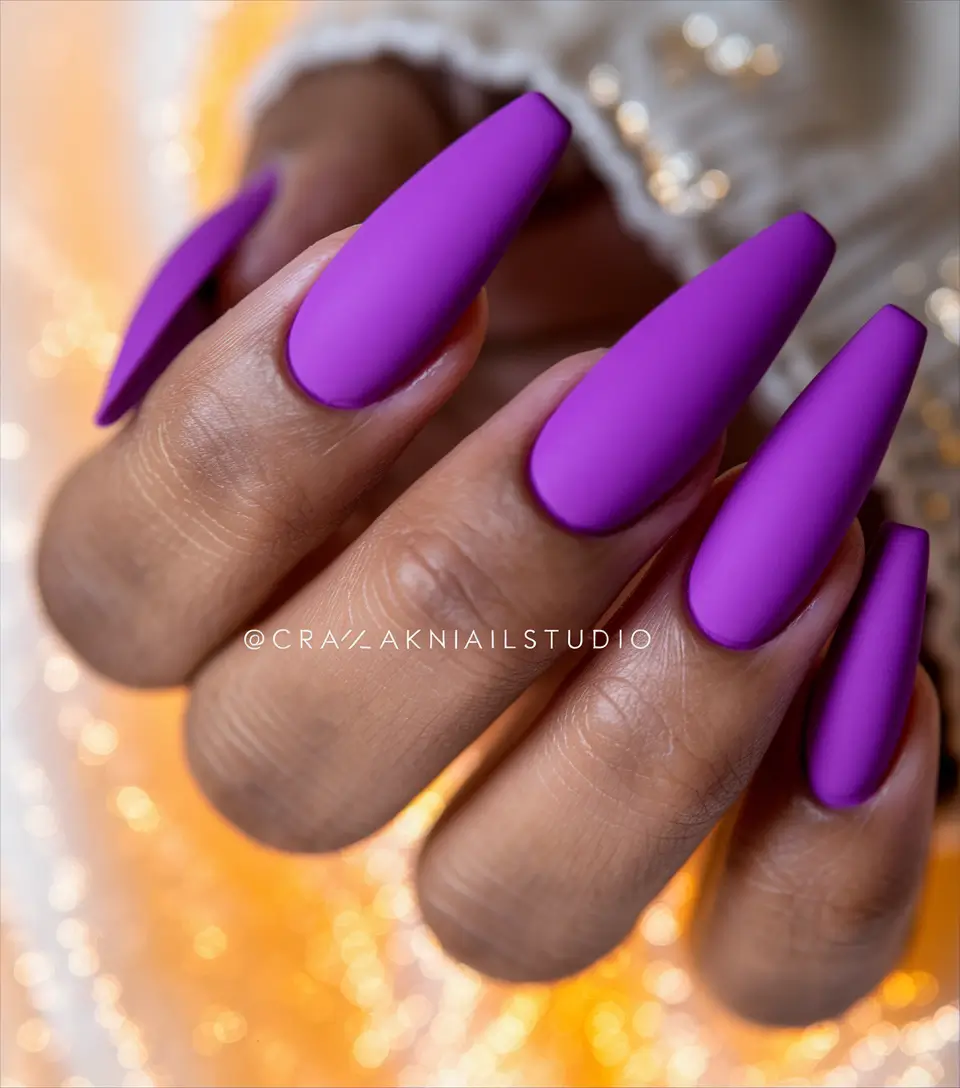 Early Fall Nails Ideas for 2025 Power Matte Purple in Almond Shape