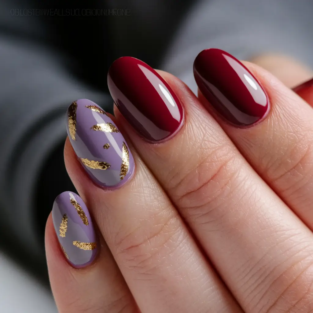 Early Fall Nails Ideas for 2025 Garnet Meets Lavender with Gold Detailing