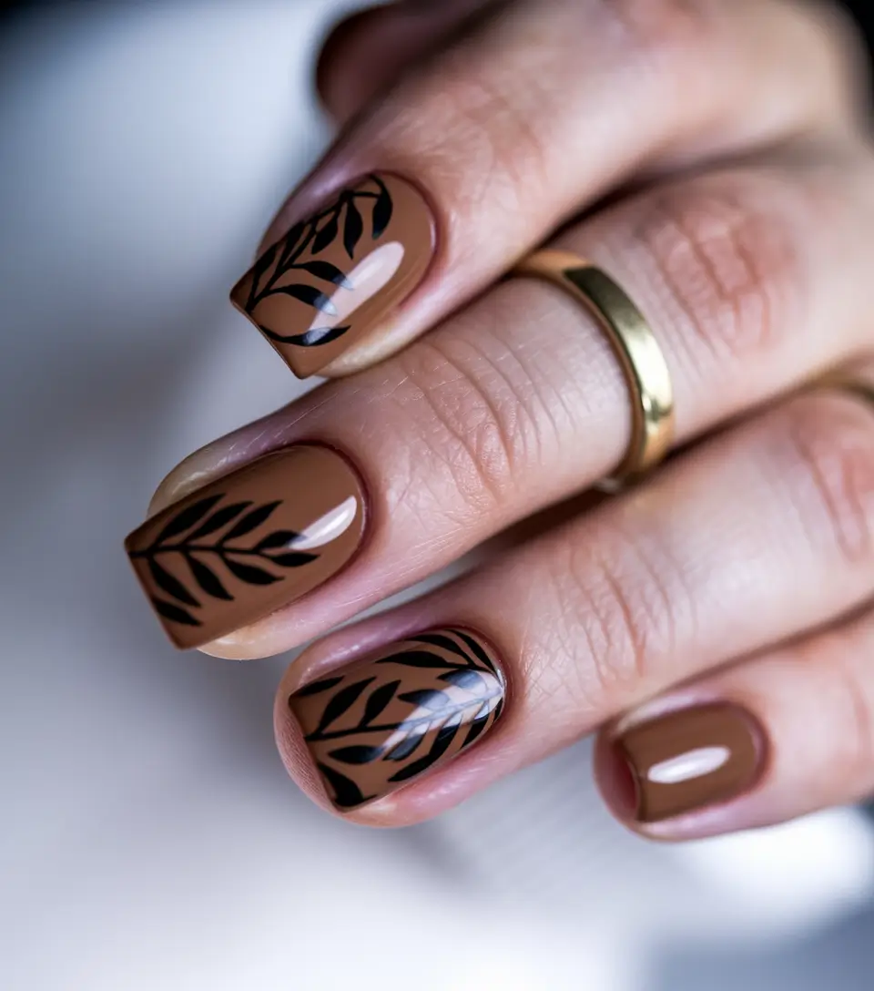 Early Fall Nails Ideas for 2025 Mocha Neutrals with Botanical Detail