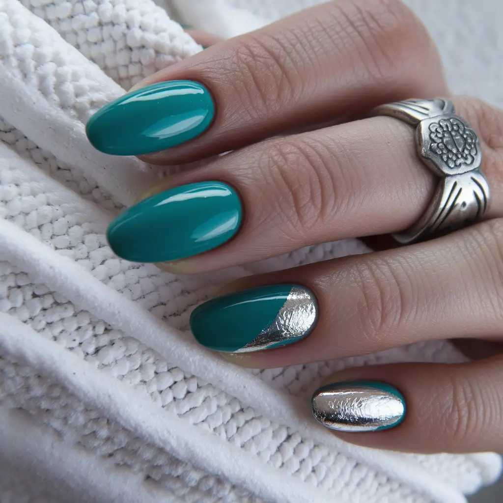 Early Fall Nails Ideas for 2025 Teal and Silver Chrome Drama
