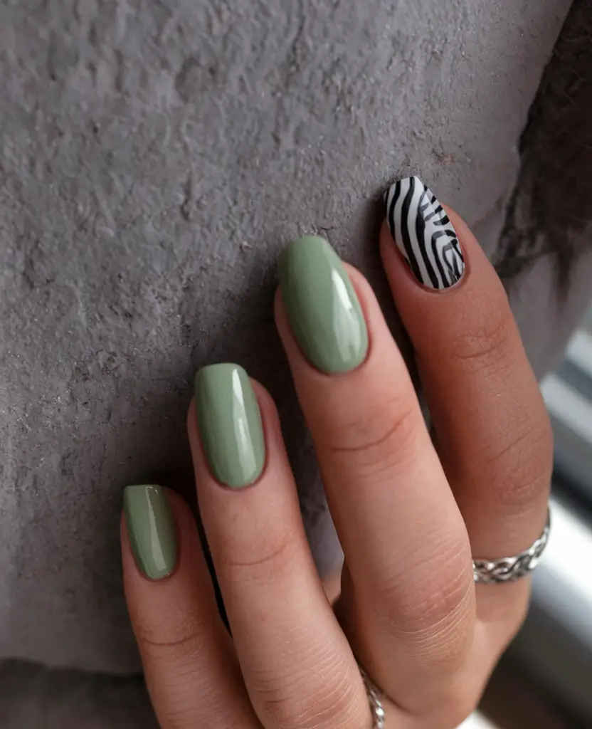 Early Fall Nails Ideas for 2025 Modern Zebra with Olive Twist