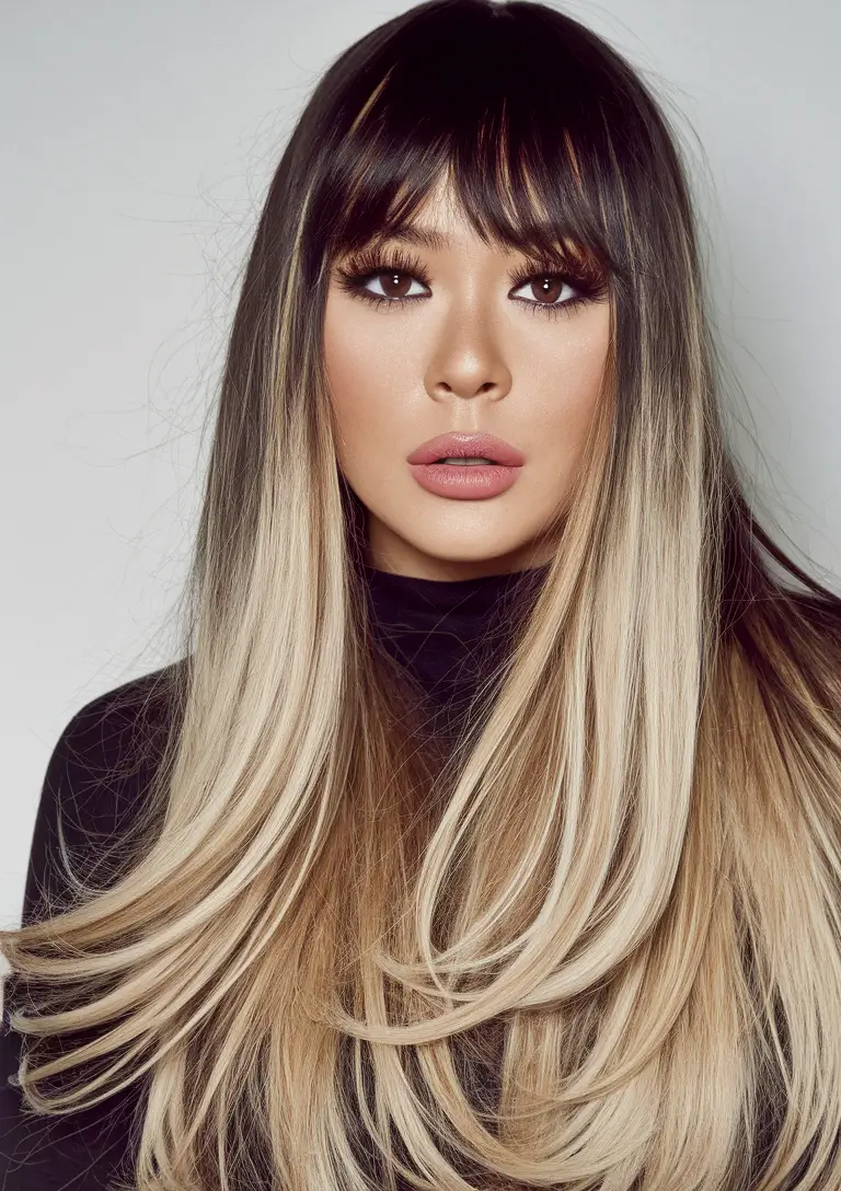 Fall 2025 Bangs & Haircut Combo Ideas Long Layered Ombre with Face-Framing Bangs