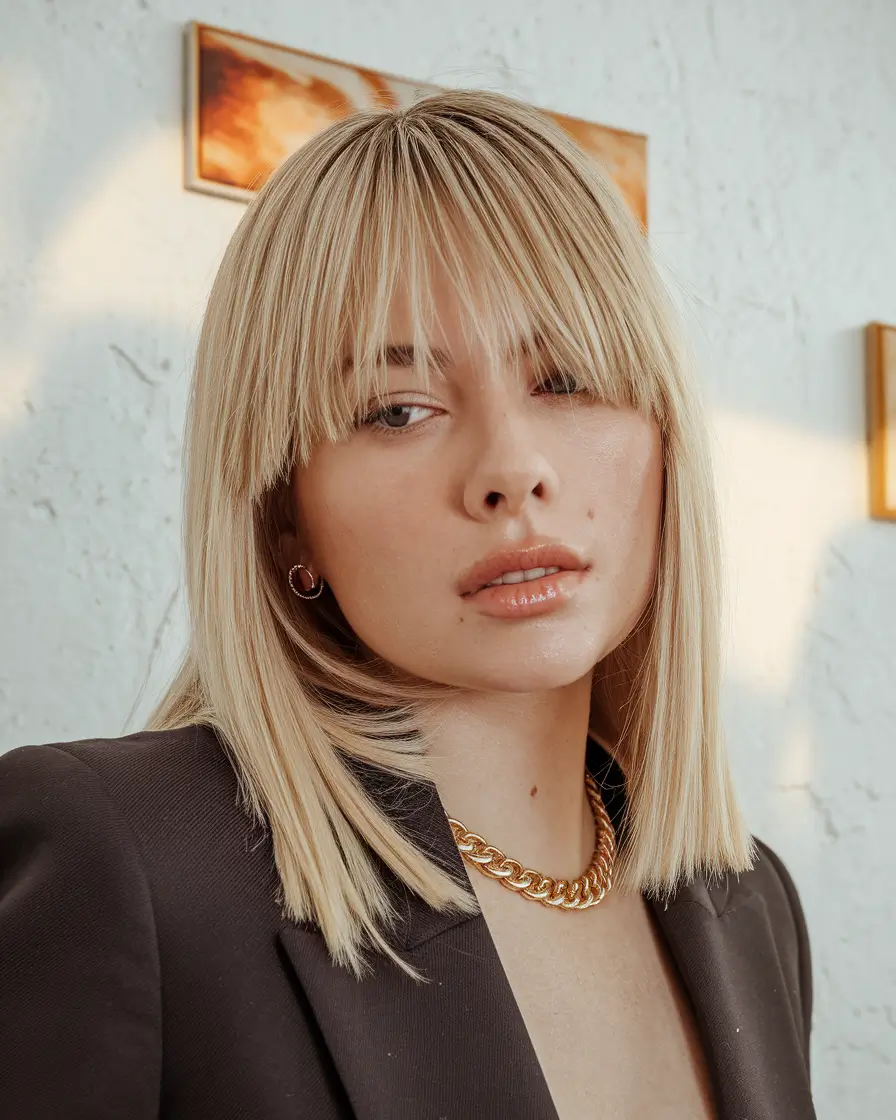 Fall 2025 Bangs & Haircut Combo Ideas Blonde Medium Length Cut with Long Fringe
