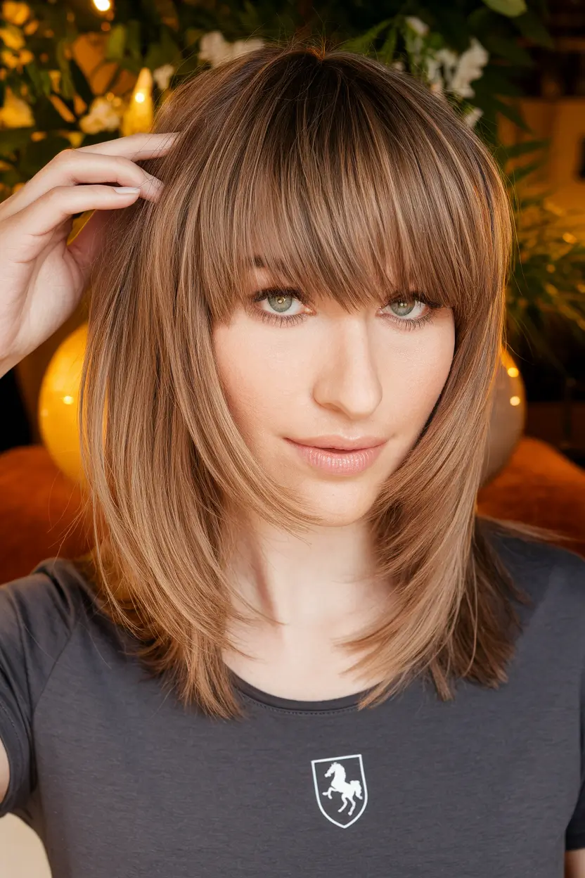 Fall 2025 Bangs & Haircut Combo Ideas Layered Mid Length Cut with Full Bangs
