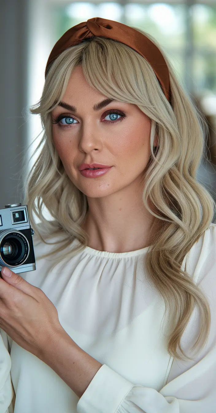 Fall 2025 Bangs & Haircut Combo Ideas Long Wavy Layers with Headband and Soft Bangs