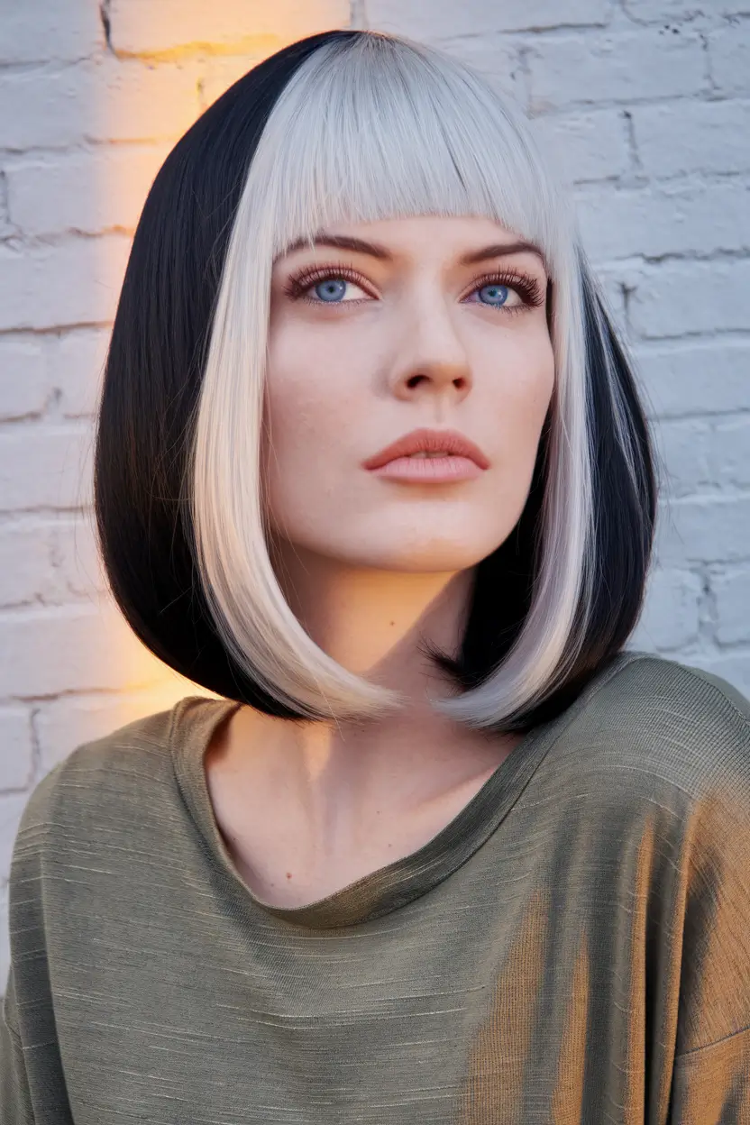 Fall 2025 Bangs & Haircut Combo Ideas Bold Two-Tone Straight Bob with Micro Bangs