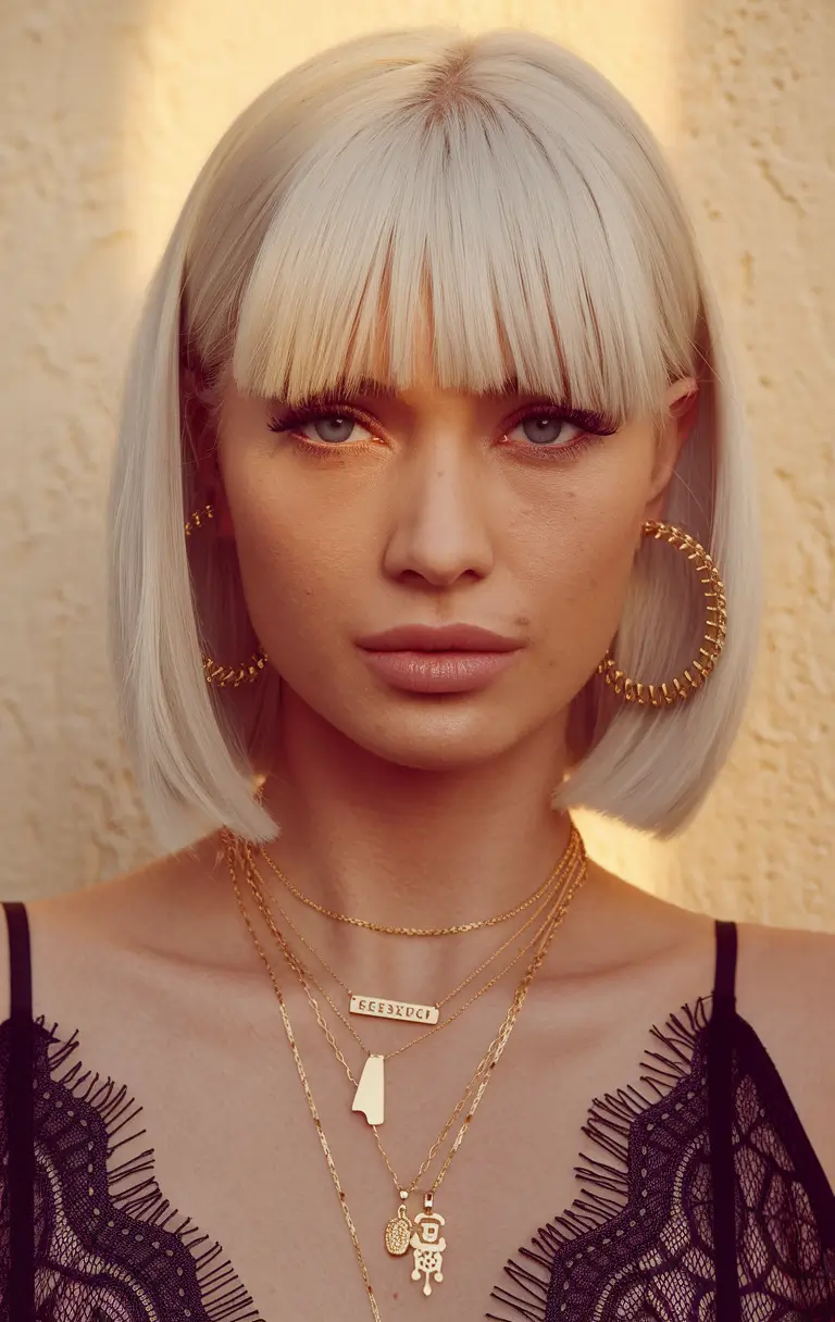 Fall 2025 Bangs & Haircut Combo Ideas Platinum Bob with Blunt Bangs