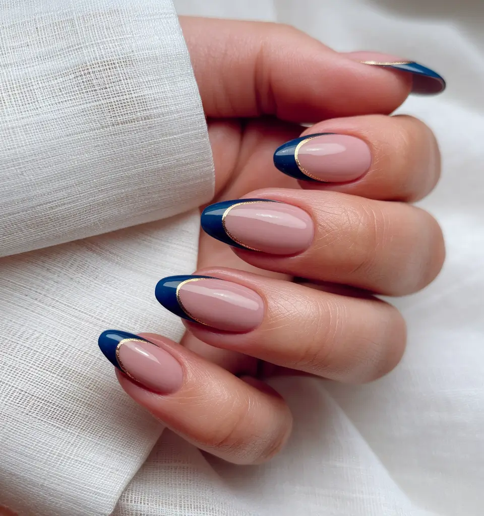 Fall 2025 French Tip Nails Royal Blue with a Hint of Gold