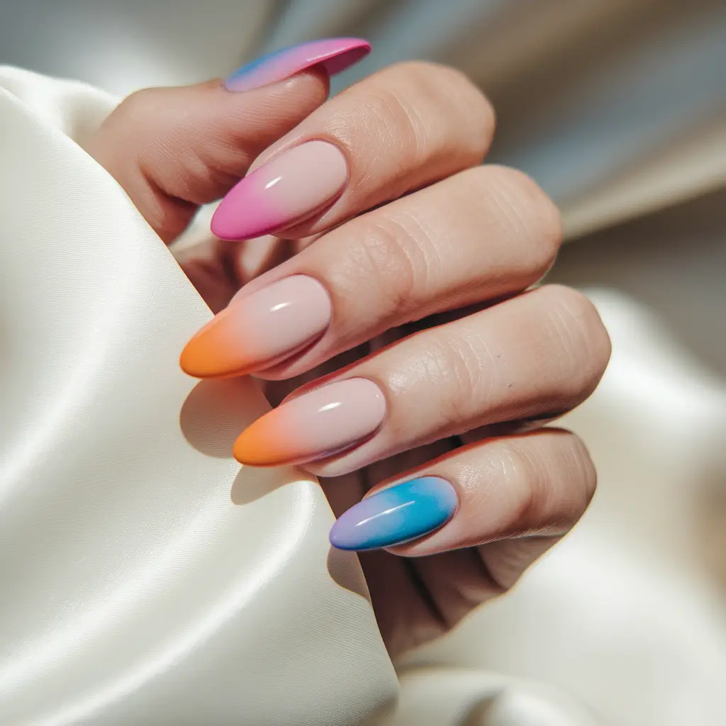 Fall 2025 French Tip Nails Almond Rainbow with Fall-Fade Magic