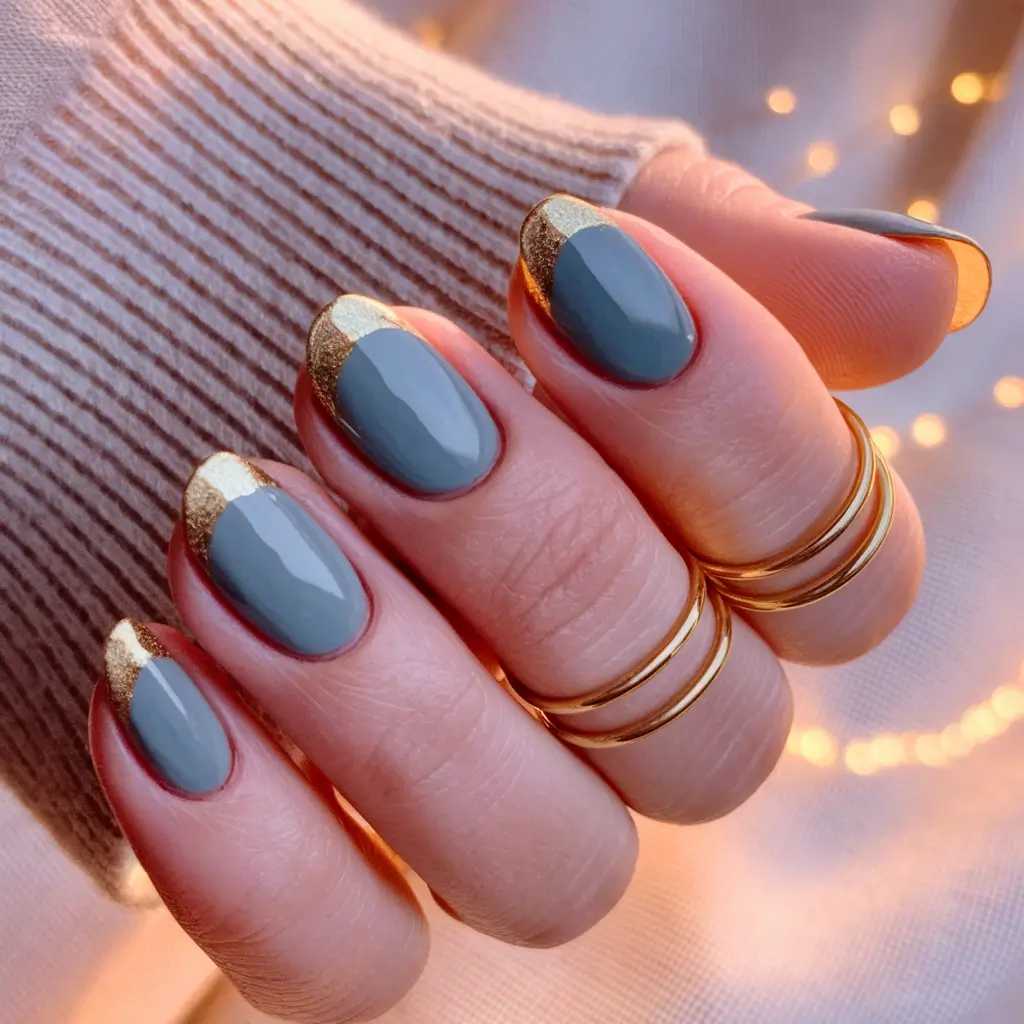 Fall 2025 French Tip Nails Matte Grey with Luxe Golden French