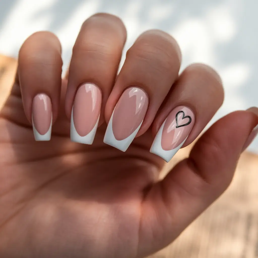Fall 2025 French Tip Nails Modern French Square with Heart Accent