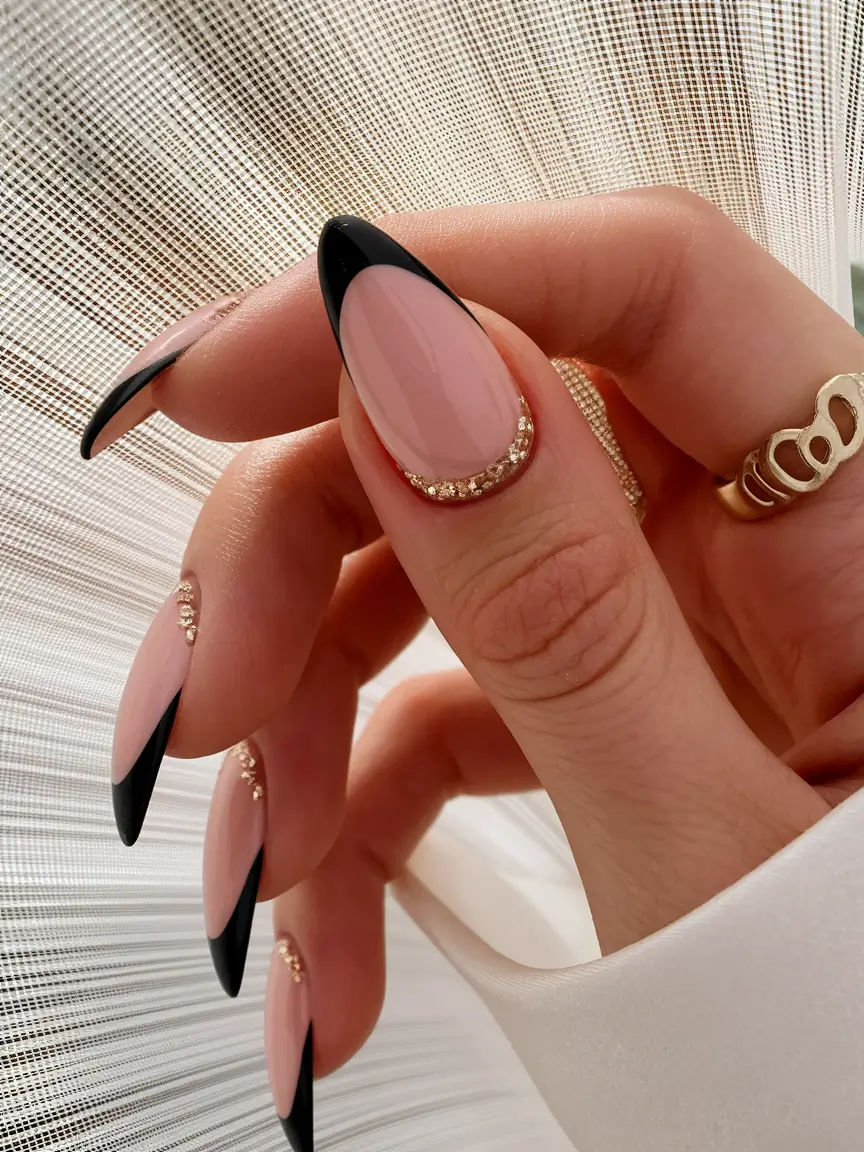 Fall 2025 French Tip Nails Black Tips and Golden Cuticle Art