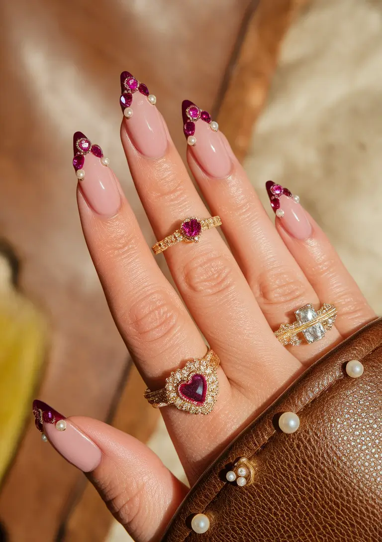 Fall 2025 French Tip Nails Ruby-Studded Almond Drama