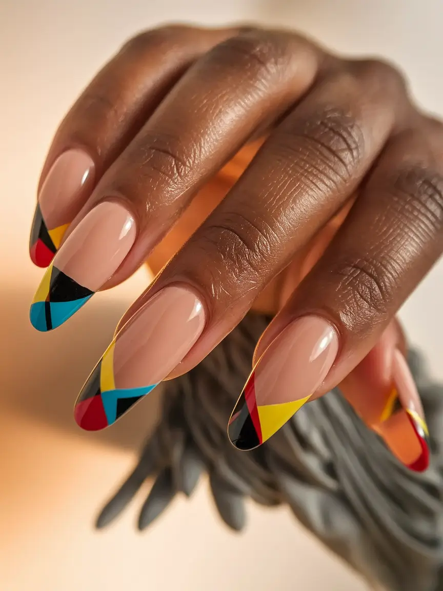 Fall 2025 French Tip Nails Graphic Primary Colors in Art Deco Style