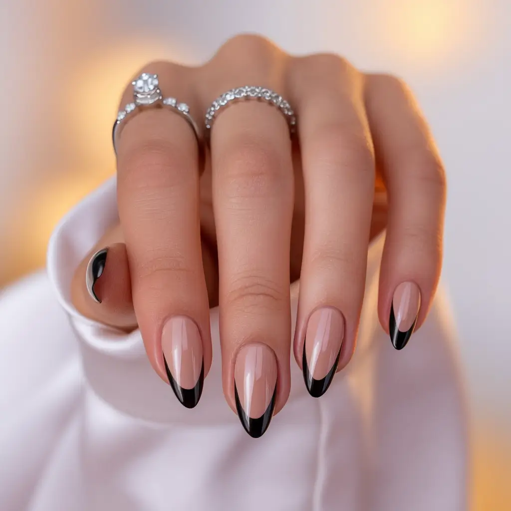 Fall 2025 French Tip Nails Soft Black French for the Cool Girl
