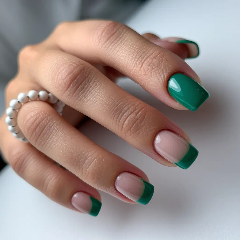 Fall 2025 French Tip Nails Glossy Emerald French Tips for a Bold Square Moment