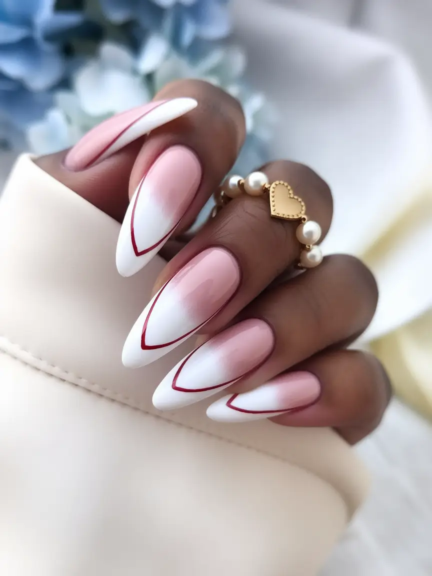 Fall 2025 French Tip Nails Almond Ombre with Sharp White Tips and Red Edge
