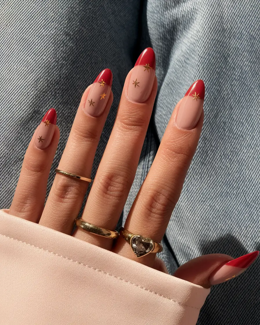Fall 2025 French Tip Nails Red Almond French Tips with Gold Star Accents