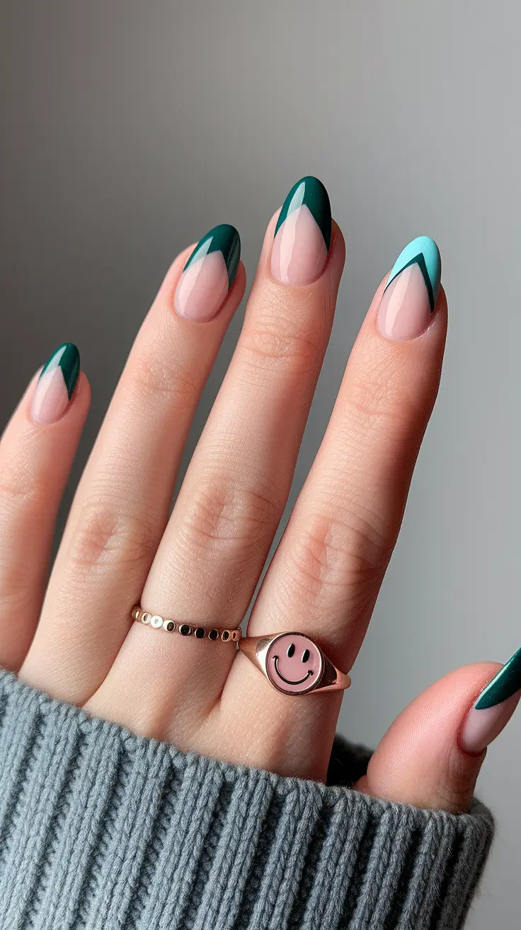 Fall 2025 French Tip Nails Two-Tone Green V-Tips
