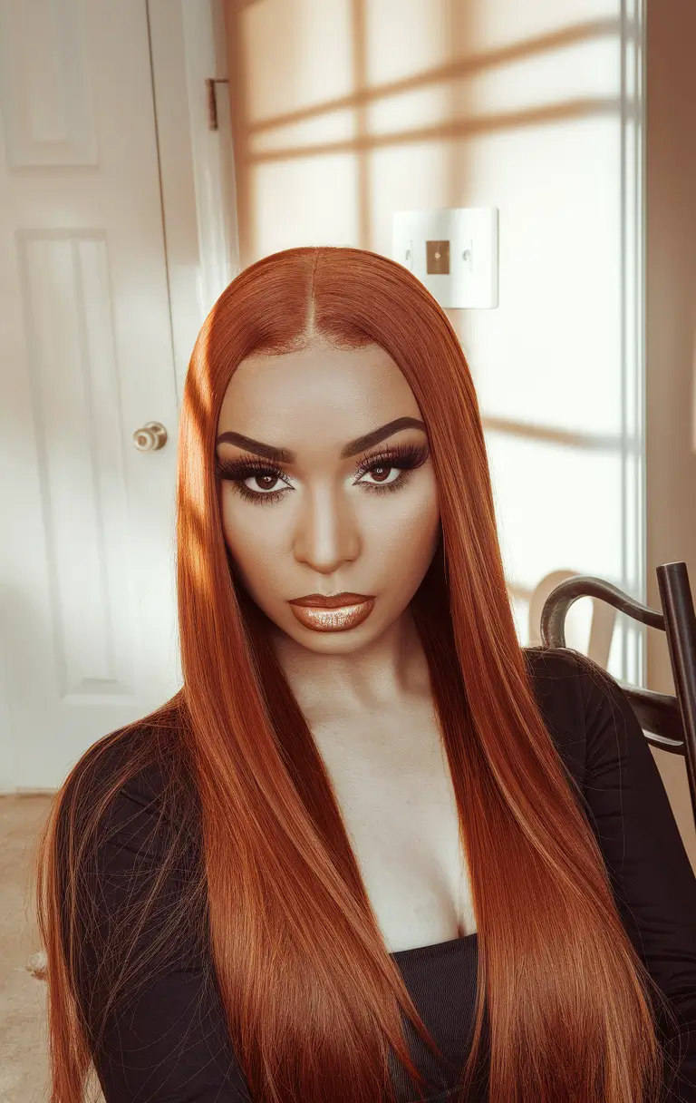 Fall 2025 Hair Colors on Deep Skin Tones Molten Copper Sleekness