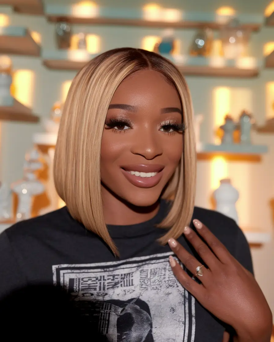 Fall 2025 Hair Colors on Deep Skin Tones Butter Blonde Sleek Bob