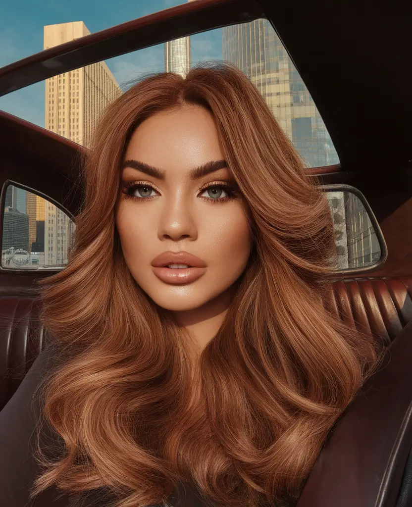 Fall 2025 Hair Colors on Deep Skin Tones Golden Chestnut Blowout
