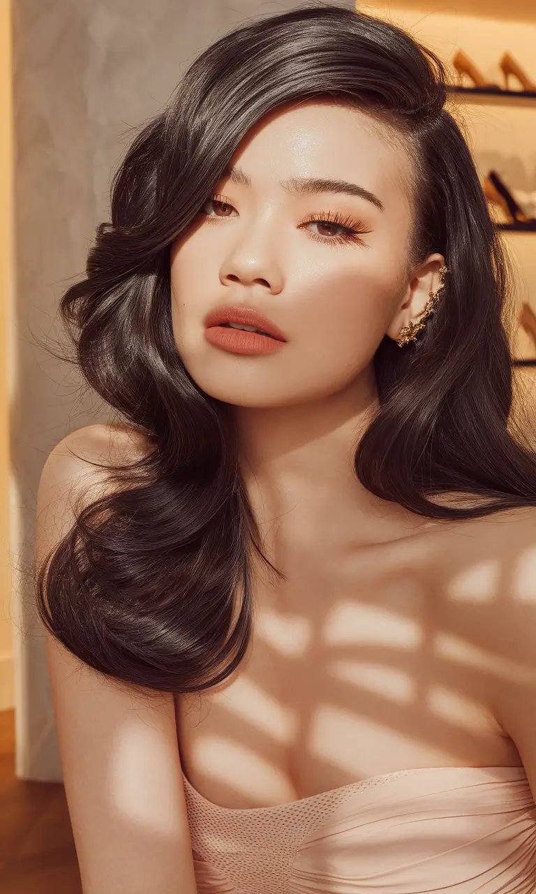 Fall 2025 Hair Colors on Deep Skin Tones Midnight Gloss with Side-Swept Drama