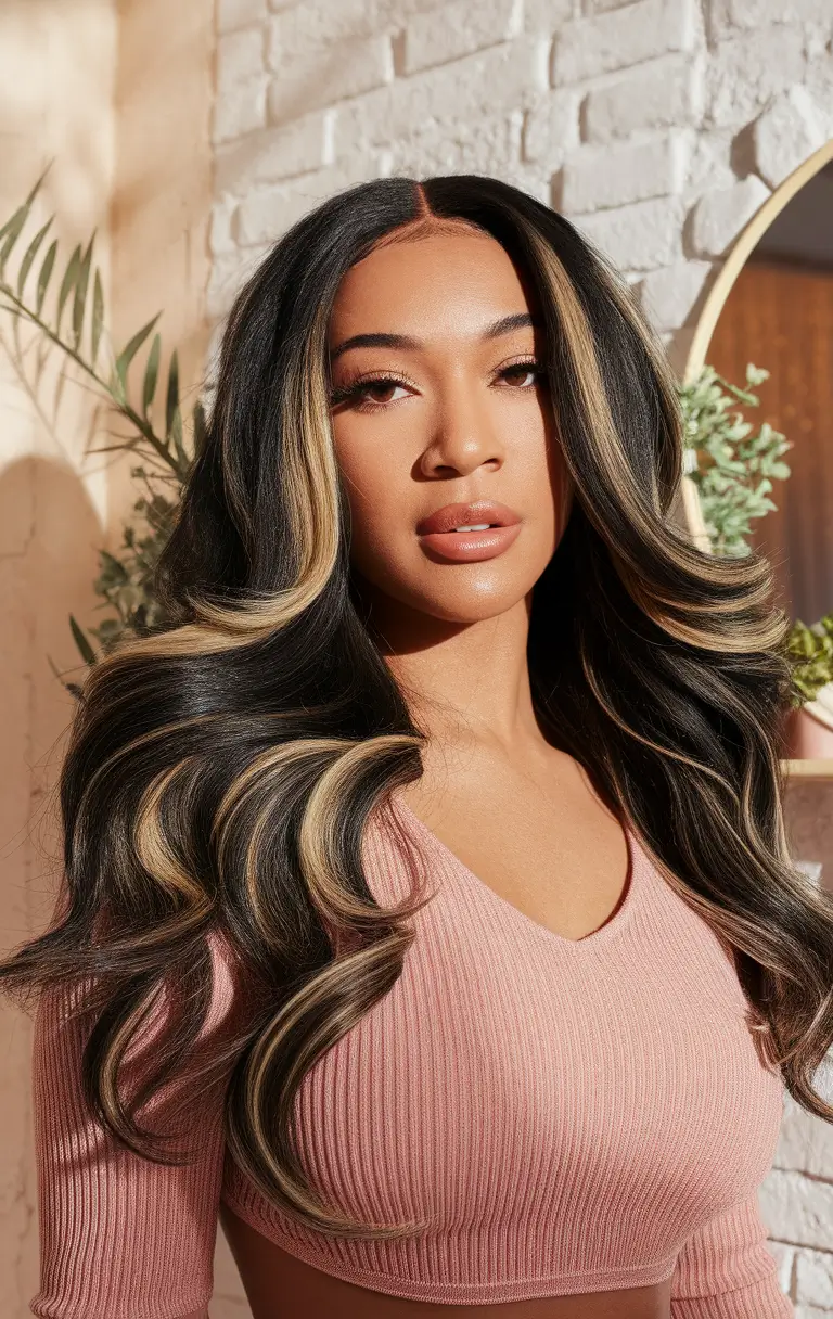 Fall 2025 Hair Colors on Deep Skin Tones Caramel Ribbons on Deep Waves