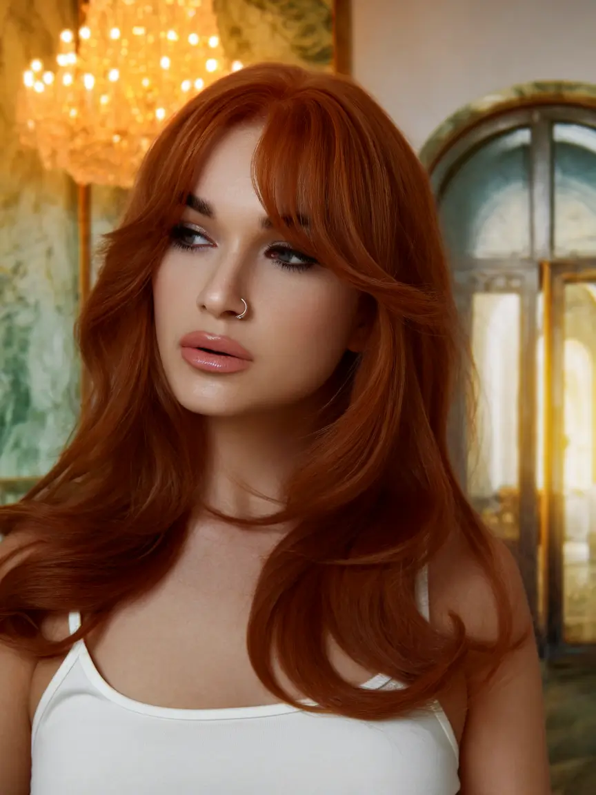Fall 2025 Hair Colors on Deep Skin Tones Cinnamon Copper Blowout with Curtain Bangs